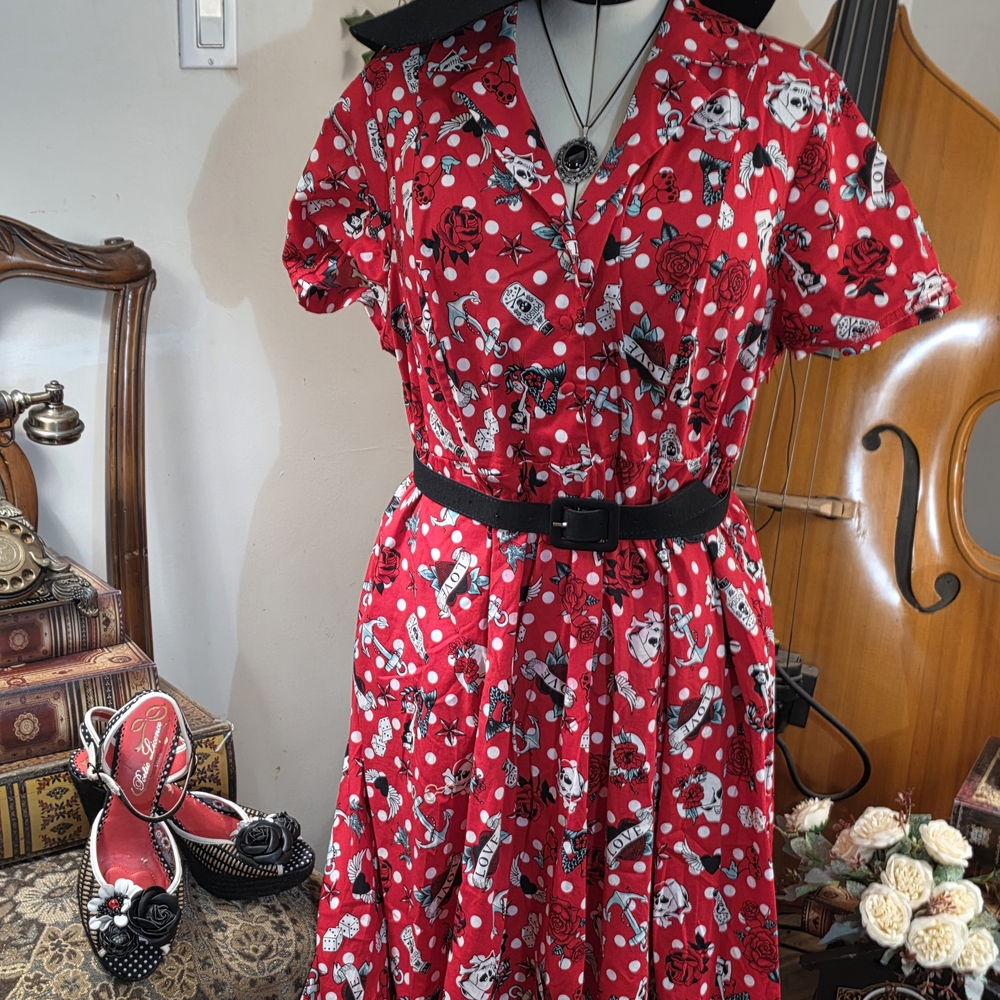 Torrid Red Retro Tattoo Print Midi Shirt- Dress